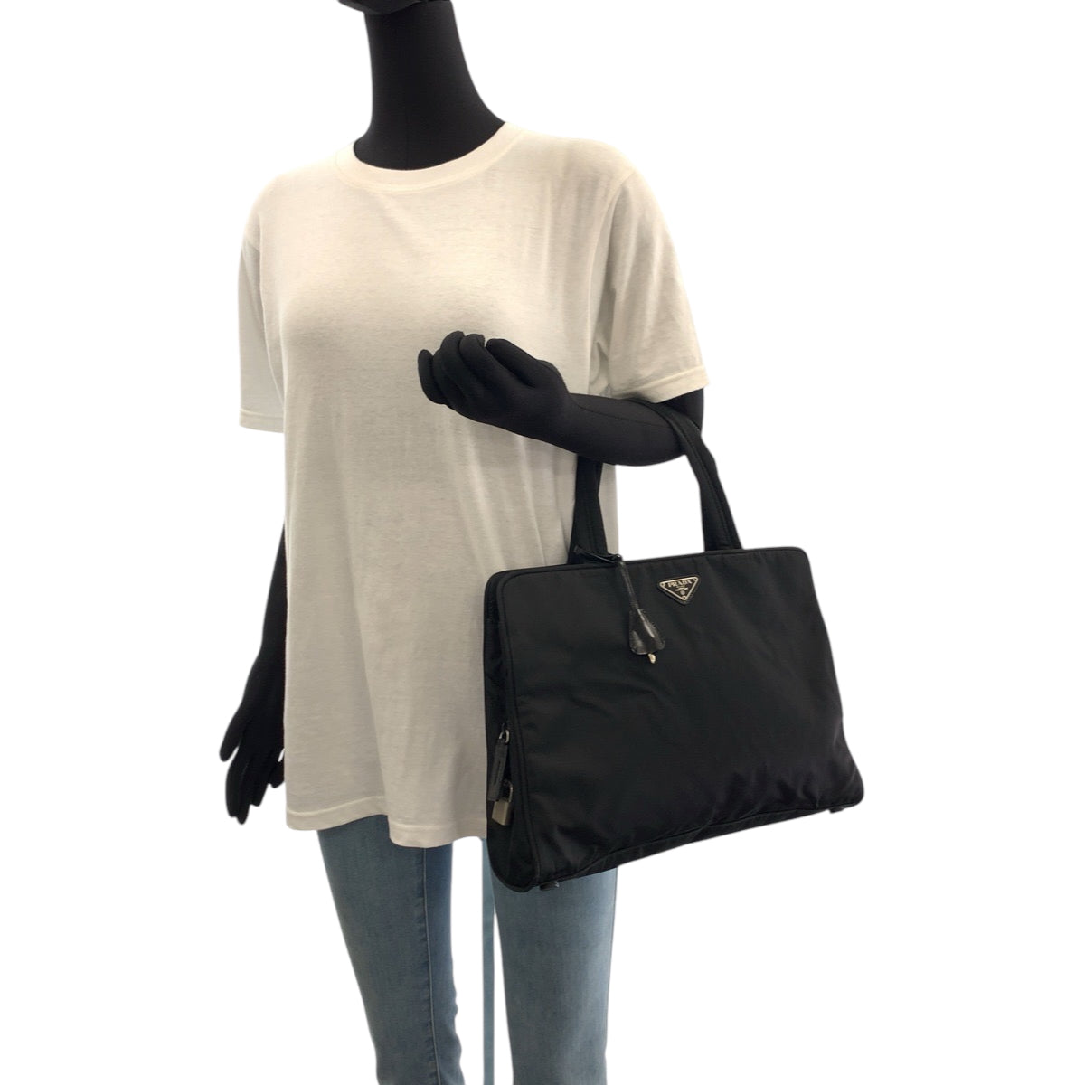 PRADA Handbag B8496 Nylon Black SilverMetal Handbag Tote Bag Test Triangle With logo Women Used Authentic