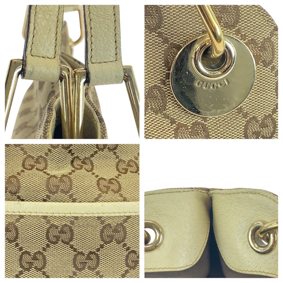 GUCCI Tote Bag GG canvas, leather Beige Ivory Gold Metal Tote Bag Shoulder Bag Women Used Authentic