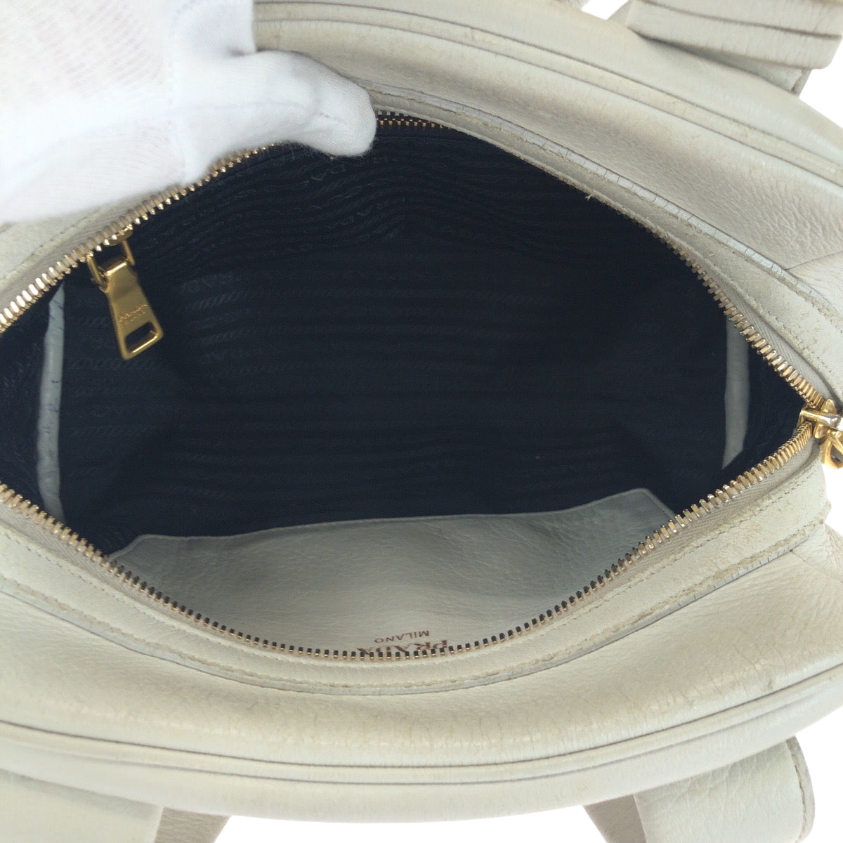 PRADA Shoulder Bag leather Ivory Gold Metal Shoulder Bag Handbag 2way logo Women Used Authentic