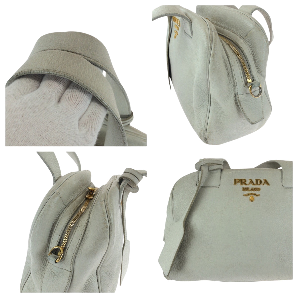 PRADA Shoulder Bag leather Ivory Gold Metal Shoulder Bag Handbag 2way logo Women Used Authentic