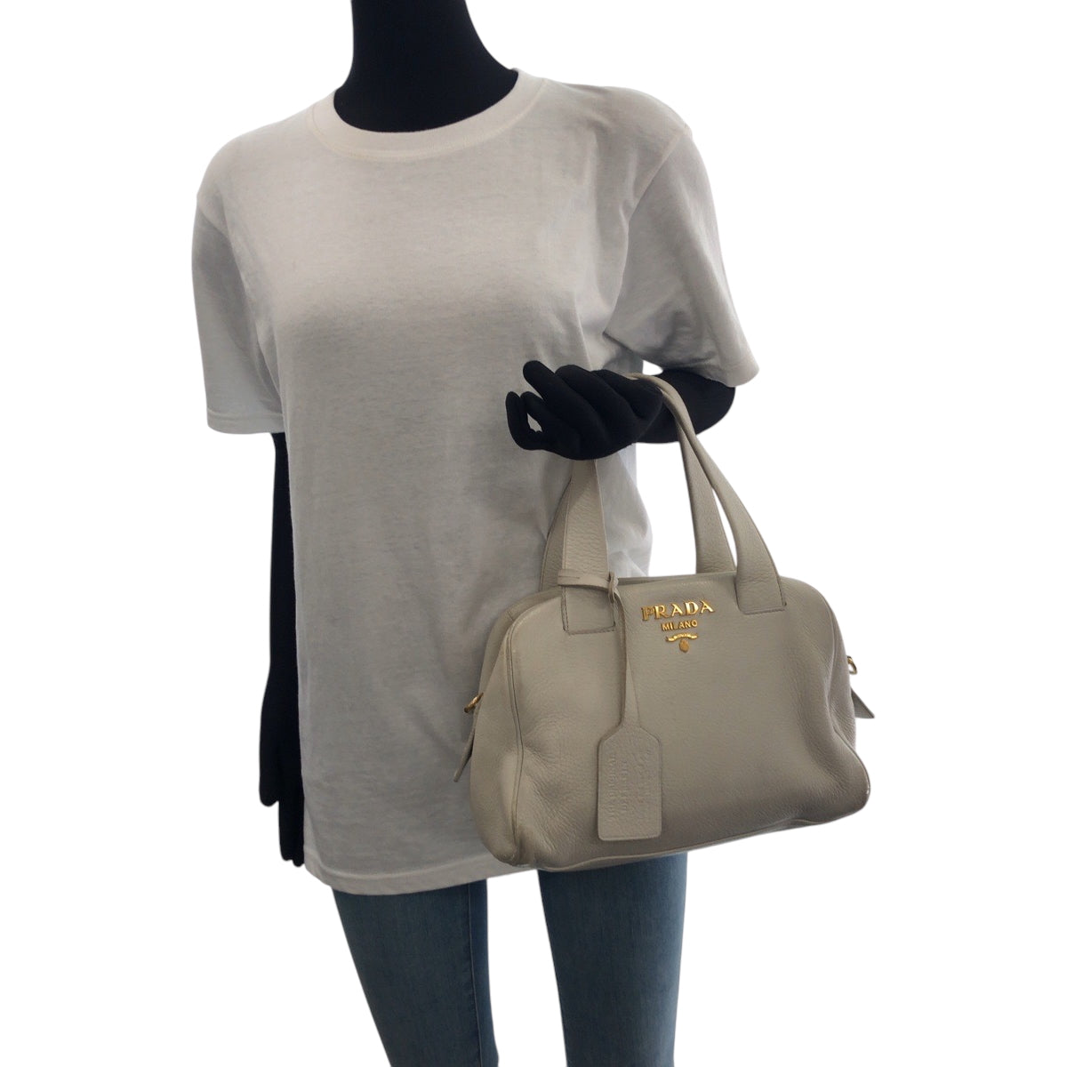 PRADA Shoulder Bag leather Ivory Gold Metal Shoulder Bag Handbag 2way logo Women Used Authentic
