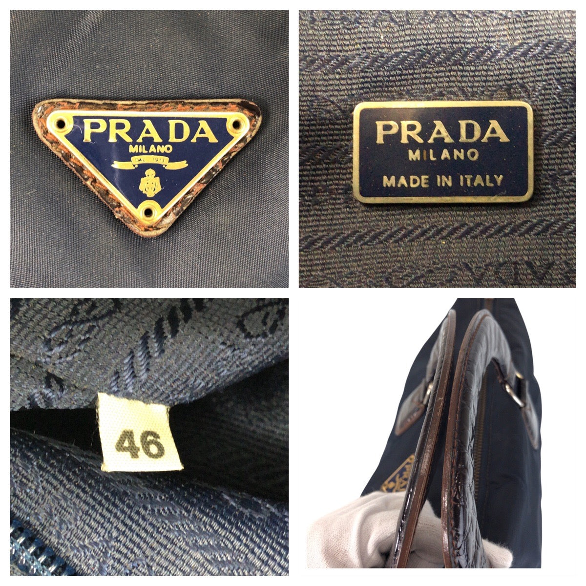 PRADA Tote Bag Nylon, Leather Navy brown Tote Bag handbag Test Triangle With logo Women Used Authentic
