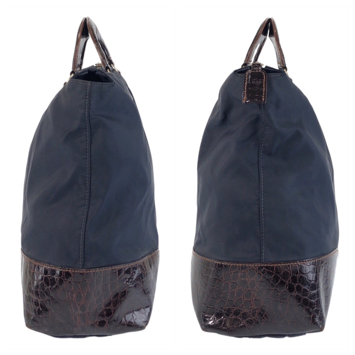 PRADA Tote Bag Nylon, Leather Navy brown Tote Bag handbag Test Triangle With logo Women Used Authentic