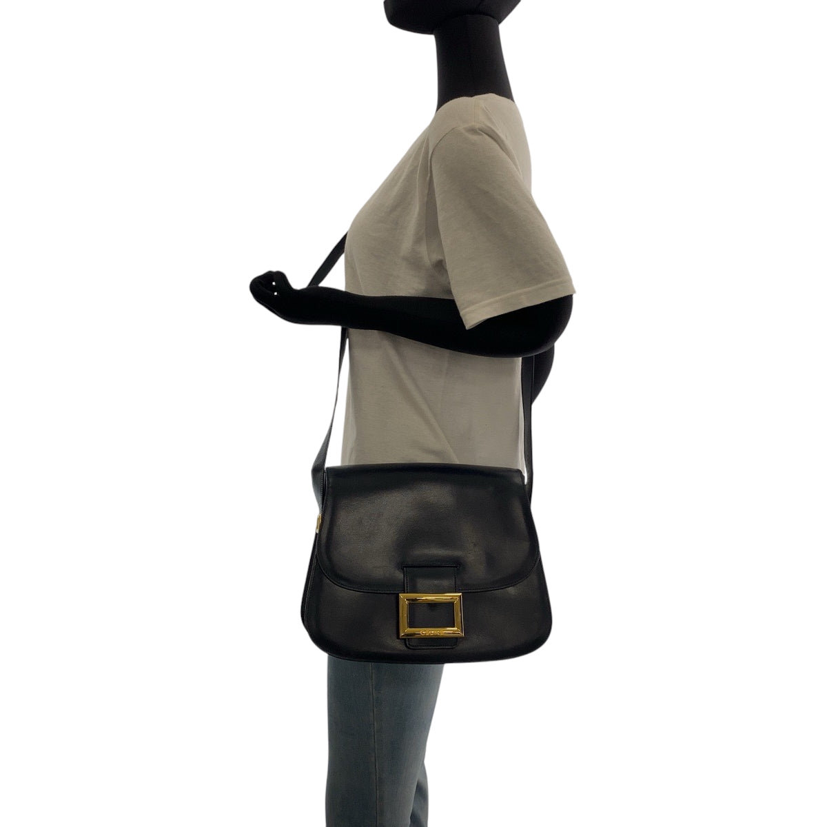 CELINE Shoulder Bag leather Black GoldMetal Shoulder Bag pochette Women Used Authentic