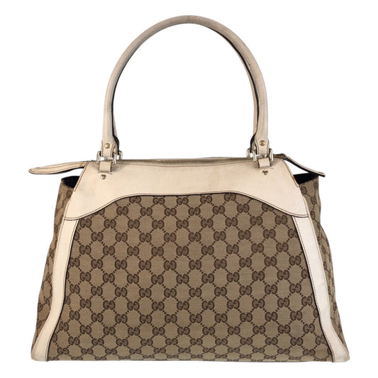 GUCCI Tote Bag 189828 GG canvas, leather Beige Ivory Gold Metal Tote Bag Shoulder Bag Trophy Women Used Authentic