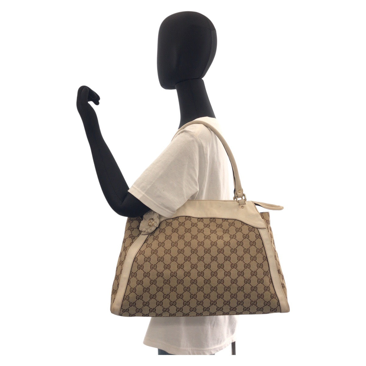 GUCCI Tote Bag 189828 GG canvas, leather Beige Ivory Gold Metal Tote Bag Shoulder Bag Trophy Women Used Authentic