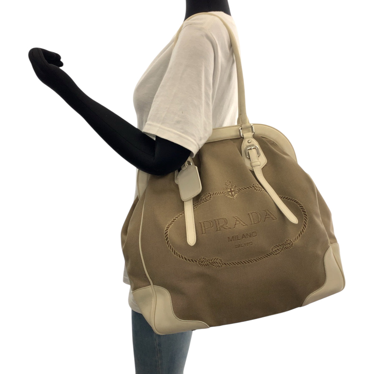PRADA Handbag canvas Brown Handbag Tote Bag Shoulder Bag Logo jacquard Women Used Authentic