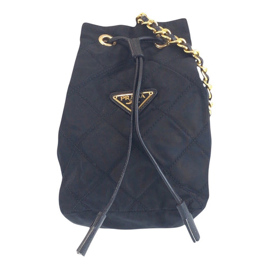 PRADA Shoulder Bag Nylon, Leather Black GoldMetal Crossbody Shoulder Bag Drawstring Tassel Test Triangle With logo Women Used Authentic