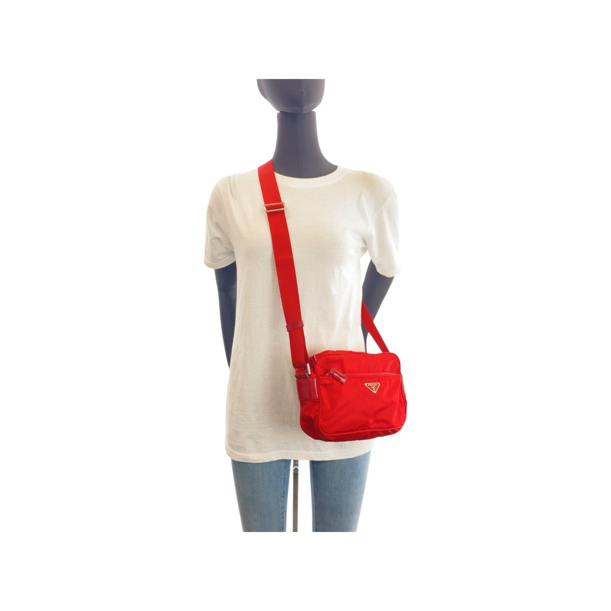 PRADA Shoulder Bag Nylon, Leather Red Shoulder Bag pochette Test Triangle With logo Women Used Authentic