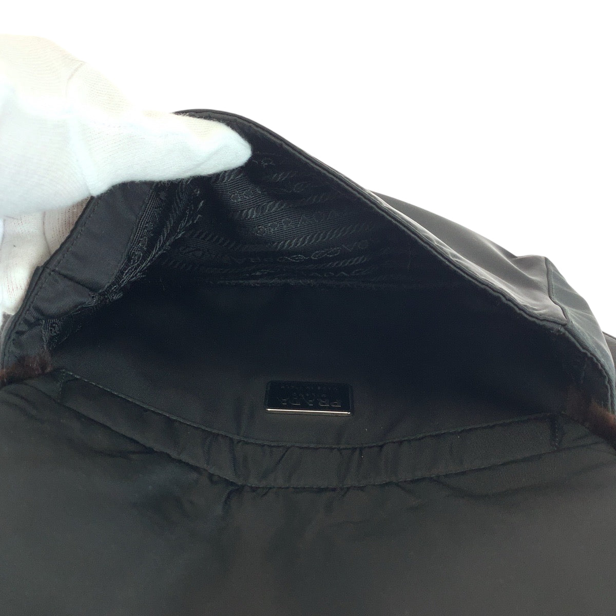 PRADA Shoulder Bag Nylon Brown Black 99AW Tessuto Triangle With logo fur