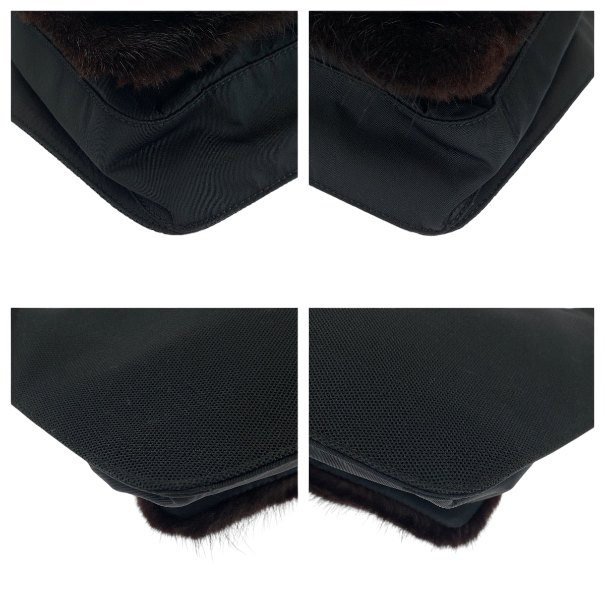 PRADA Shoulder Bag Nylon Brown Black 99AW Tessuto Triangle With logo fur