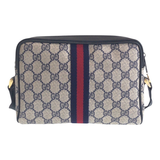 GUCCI Shoulder Bag 010 378 GG Supreme canvas, leather Gray Navy Gold Metal Shoulder Bag pochette Sherry Line Old Gucci Women Used Authentic