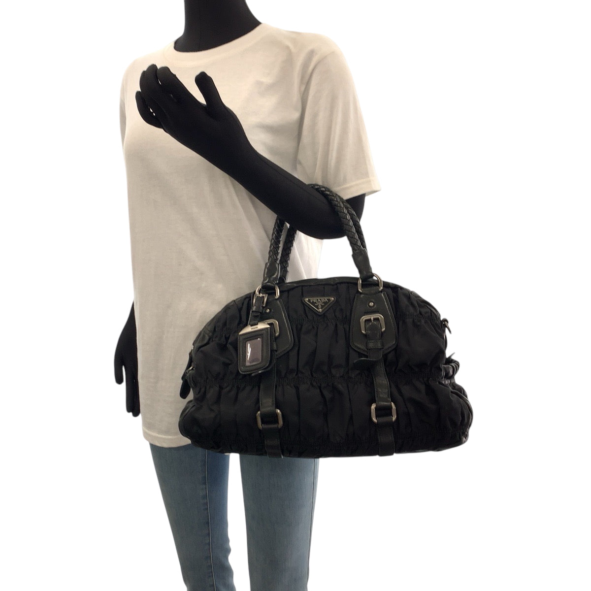PRADA Handbag Nylon Black SilverMetal Handbag Shoulder Bag Test Triangle With logo Women Used Authentic