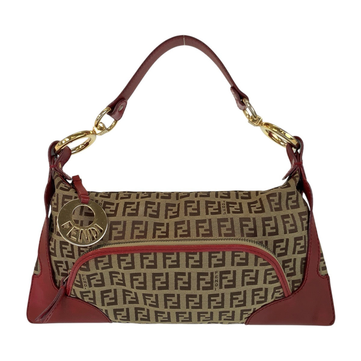 FENDI Handbag canvas Brown Red Gold Metal Zucchino