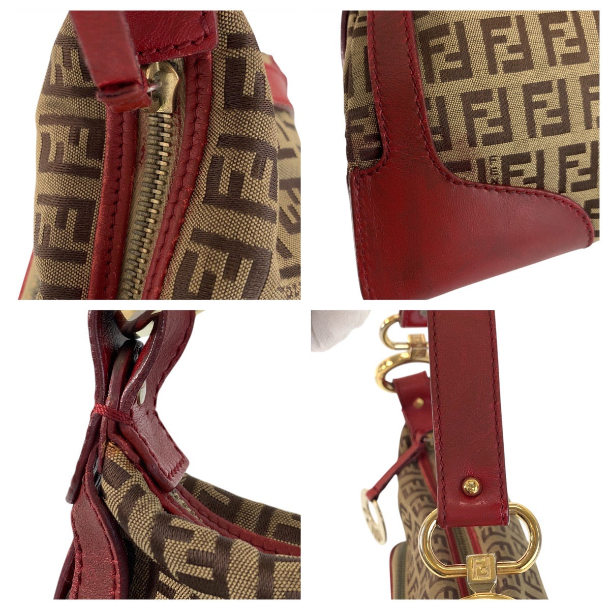 FENDI Handbag canvas Brown Red Gold Metal Zucchino