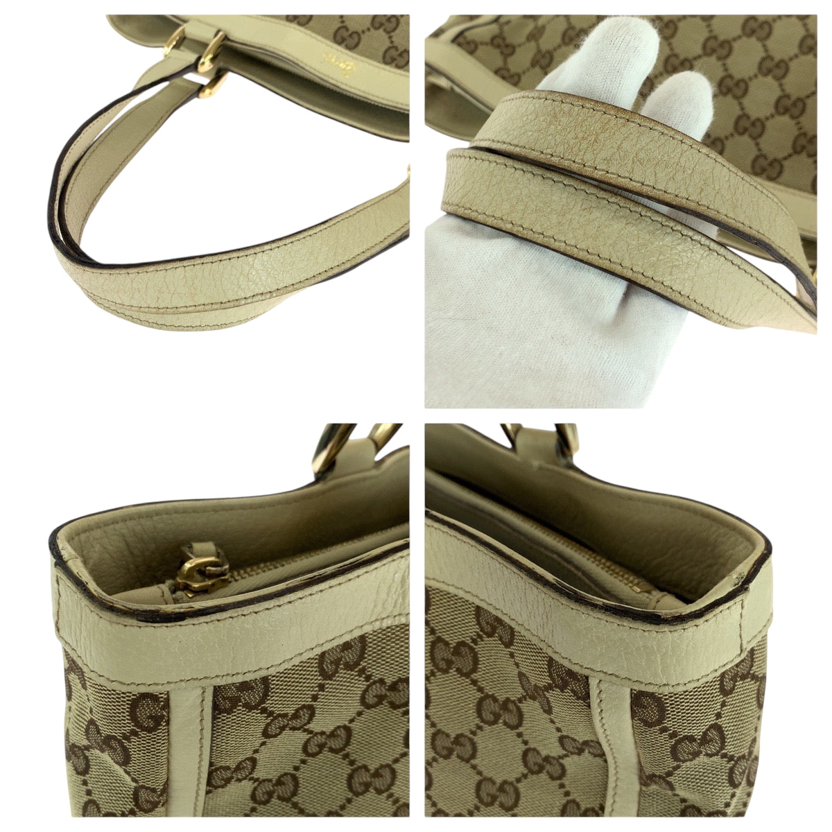 GUCCI Tote Bag 170004 GG canvas Beige Ivory Gold Metal Tote Bag handbag Women Used Authentic