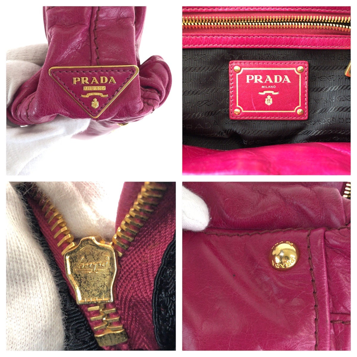 PRADA Tote Bag leather Pink Gold Metal Triangle With logo