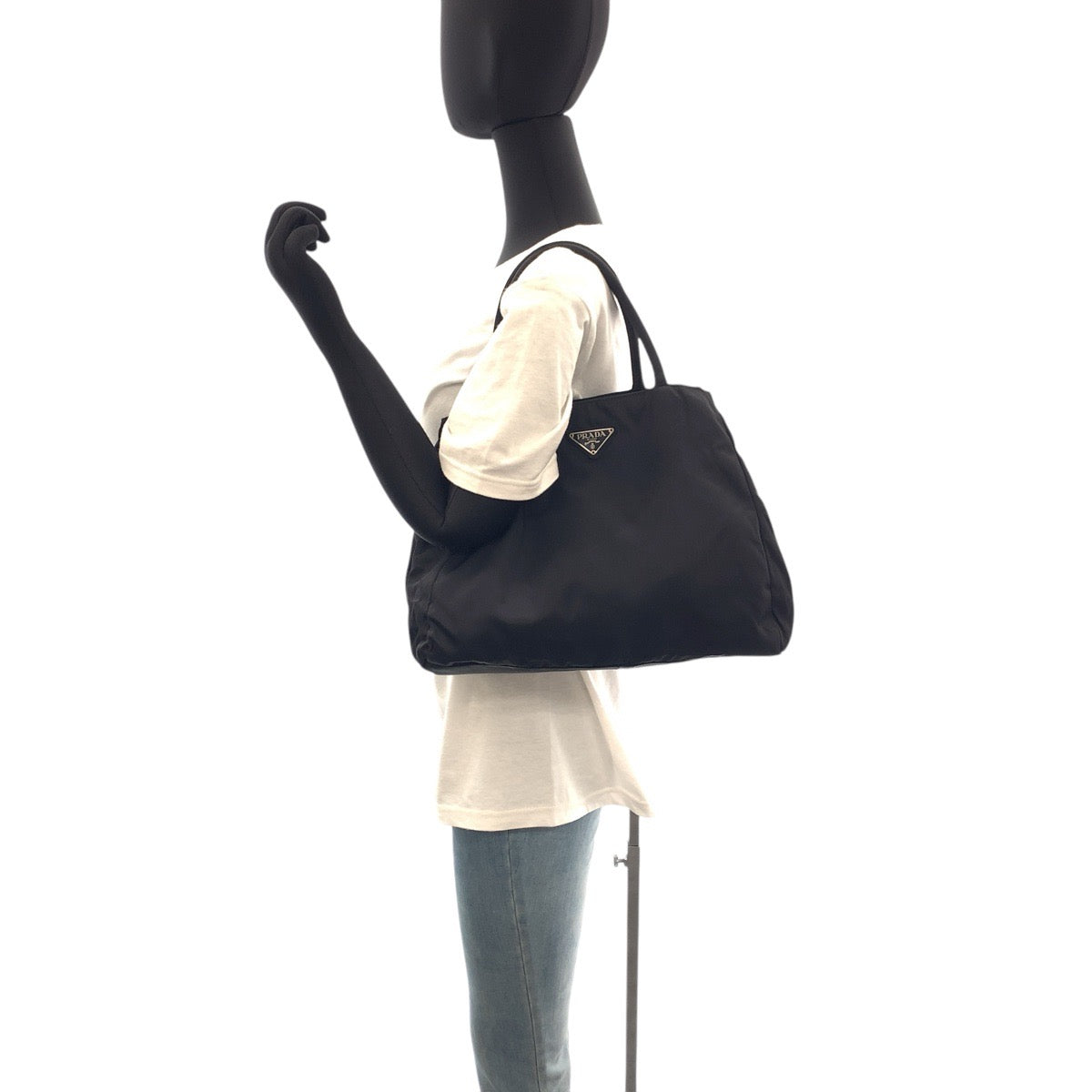 PRADA Tote Bag Nylon Black SilverMetal Tote Bag handbag Test Triangle With logo Women Used Authentic