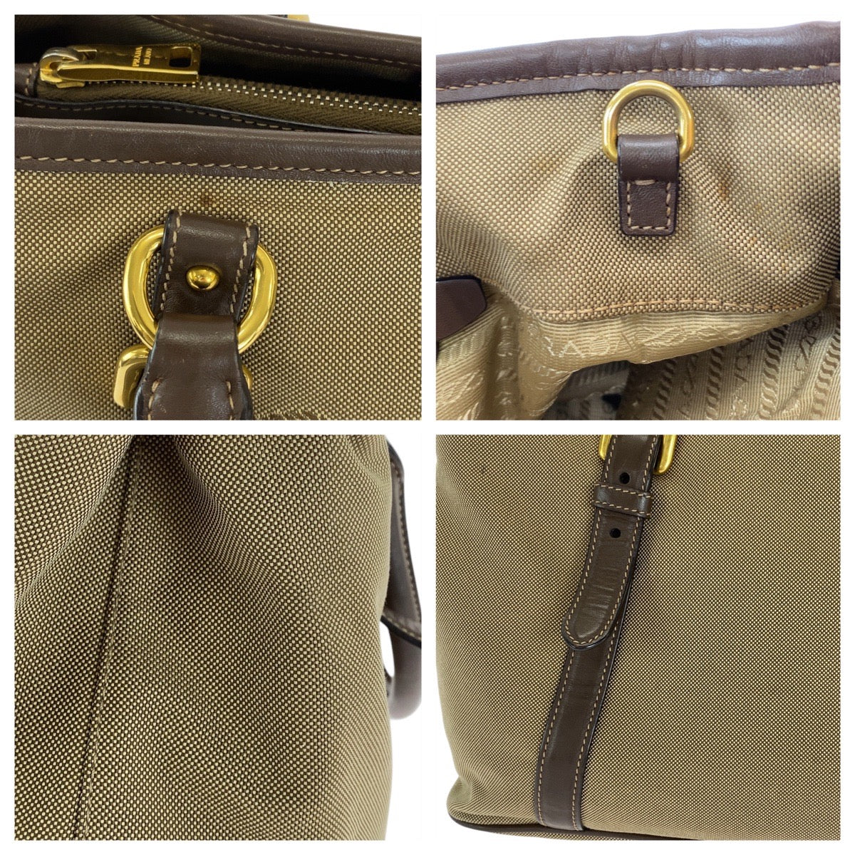 PRADA Tote Bag Canvas, Leather Khaki Brown Gold Metal Tote Bag Shoulder Bag Logo jacquard Triangle With logo Women Used Authentic