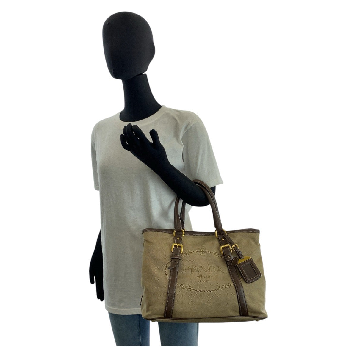 PRADA Tote Bag Canvas, Leather Khaki Brown Gold Metal Tote Bag Shoulder Bag Logo jacquard Triangle With logo Women Used Authentic