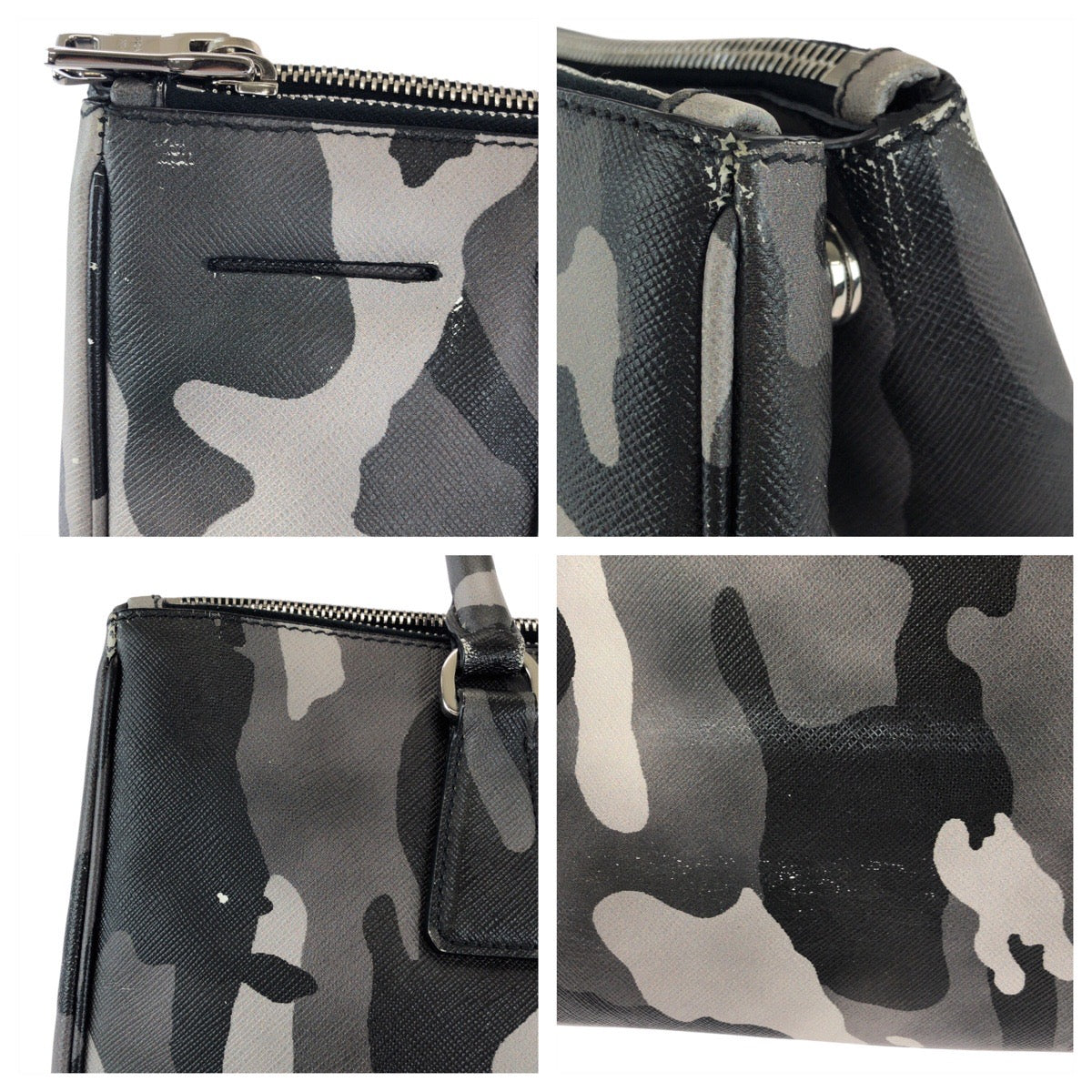 PRADA Handbag leather khaki Saffiano Camouflage Triangle With logo Women Used Authentic