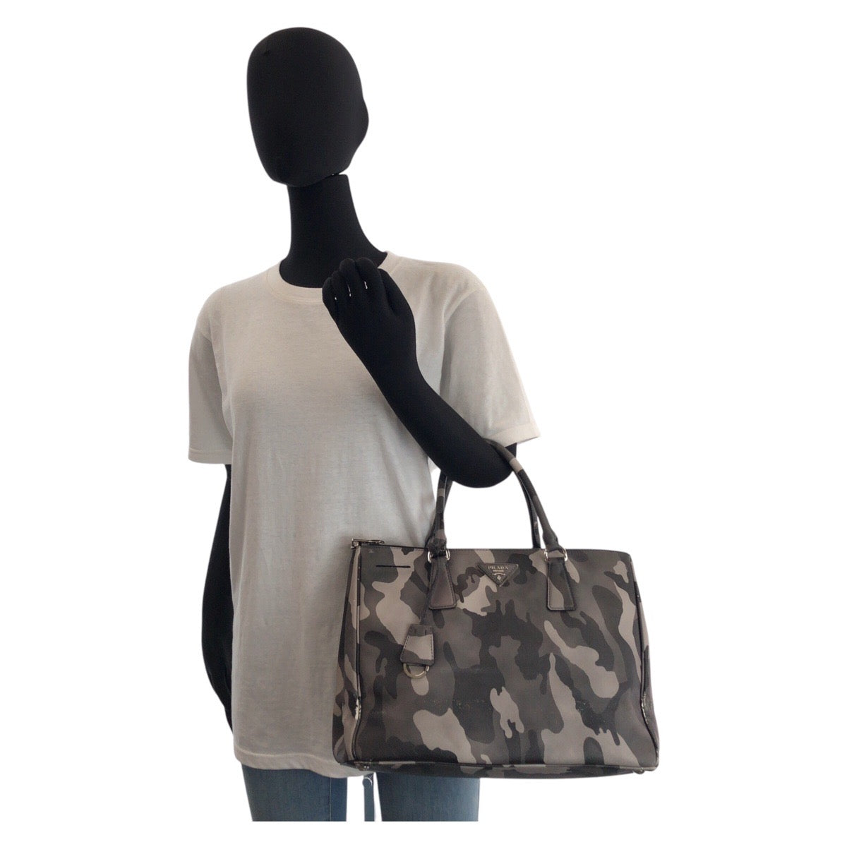 PRADA Handbag leather khaki Saffiano Camouflage Triangle With logo Women Used Authentic