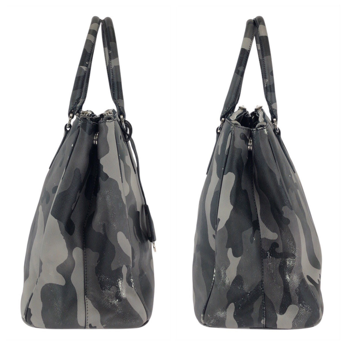 PRADA Handbag leather khaki Saffiano Camouflage Triangle With logo Women Used Authentic