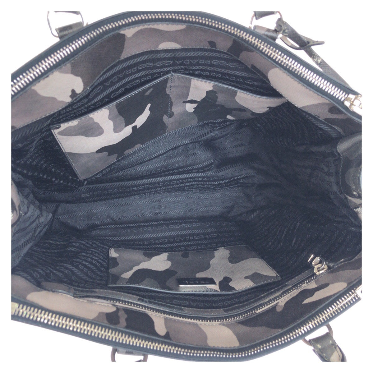 PRADA Handbag leather khaki Saffiano Camouflage Triangle With logo Women Used Authentic