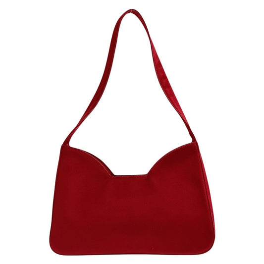 PRADA Shoulder Bag Satin Red Silver Metal Triangle With logo