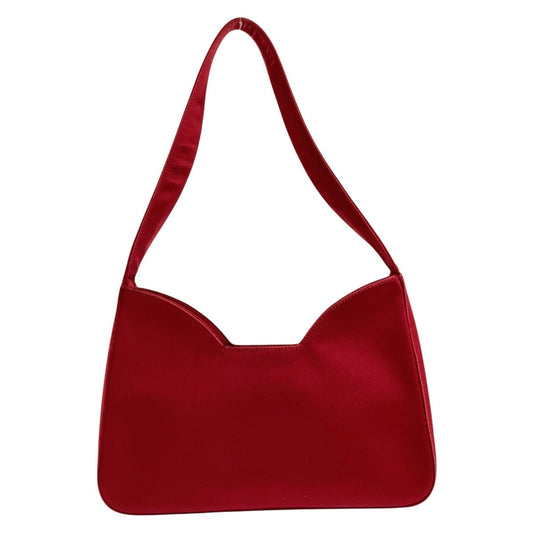 PRADA Shoulder Bag Satin Red Silver Metal Triangle With logo