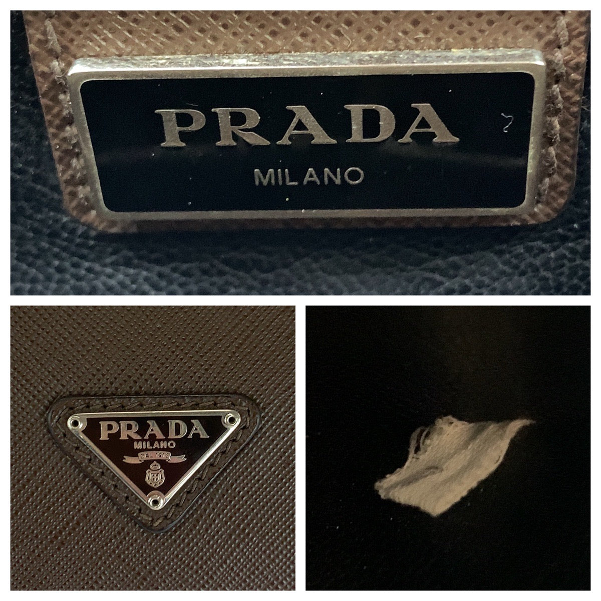 PRADA Clutch bag leather Brown Silver Metal Clutch bag business bag Safiano Triangle With logo mens Used Authentic