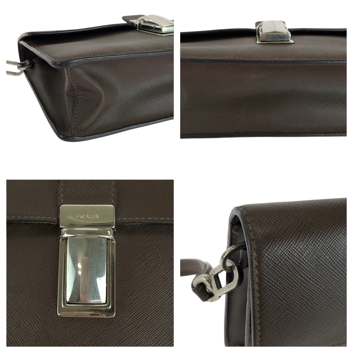 PRADA Clutch bag leather Brown Silver Metal Clutch bag business bag Safiano Triangle With logo mens Used Authentic
