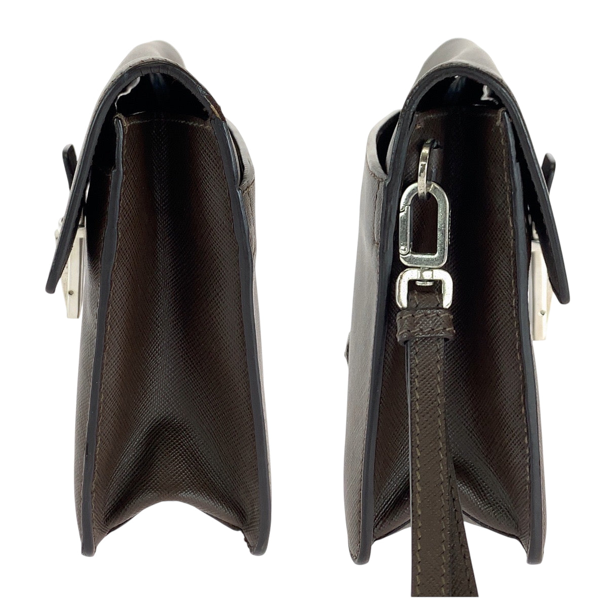 PRADA Clutch bag leather Brown Silver Metal Clutch bag business bag Safiano Triangle With logo mens Used Authentic