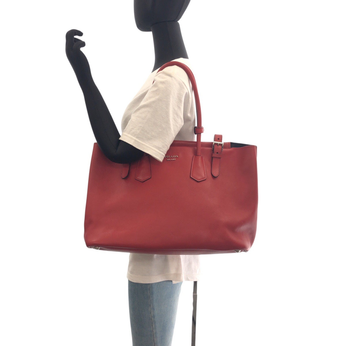 PRADA Tote Bag leather Red Silver Metal Tote Bag Shoulder Bag Women Used Authentic