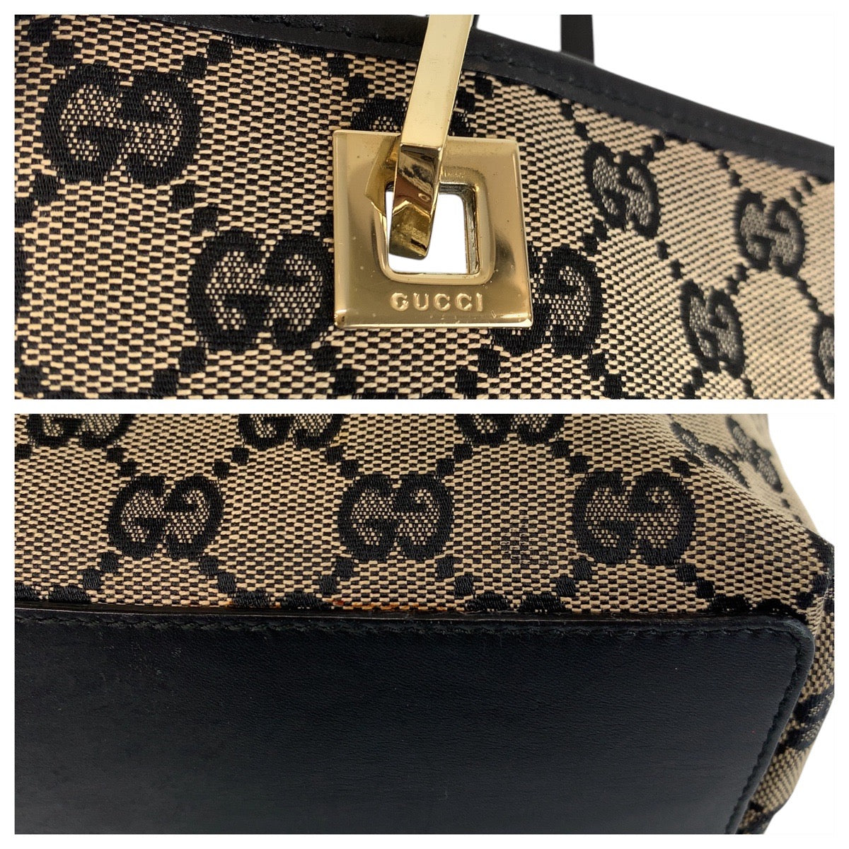 GUCCI Tote Bag 002 1098 GG canvas, leather Beige Black Gold Metal Tote Bag Shoulder Bag Women Used Authentic