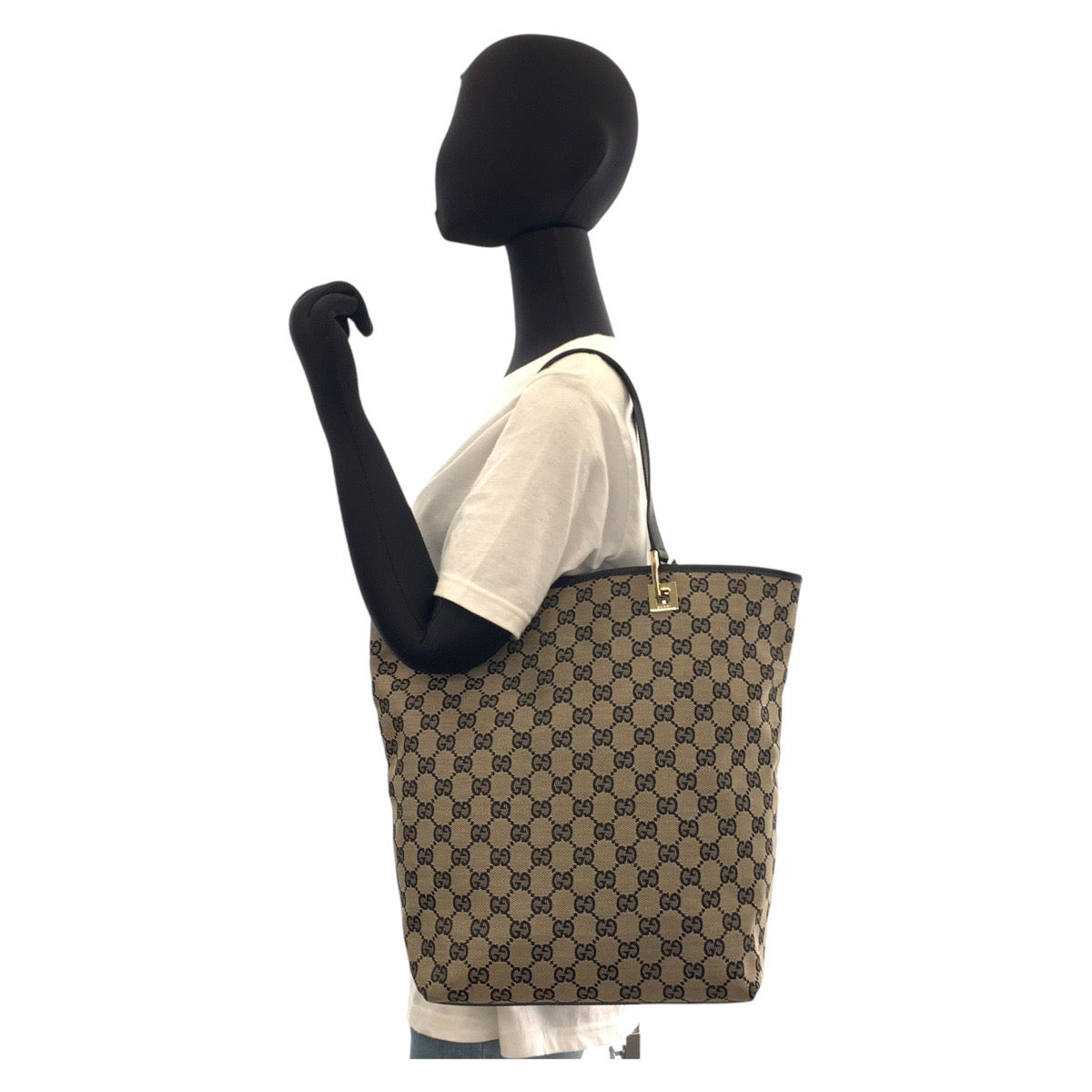 GUCCI Tote Bag 002 1098 GG canvas, leather Beige Black Gold Metal Tote Bag Shoulder Bag Women Used Authentic