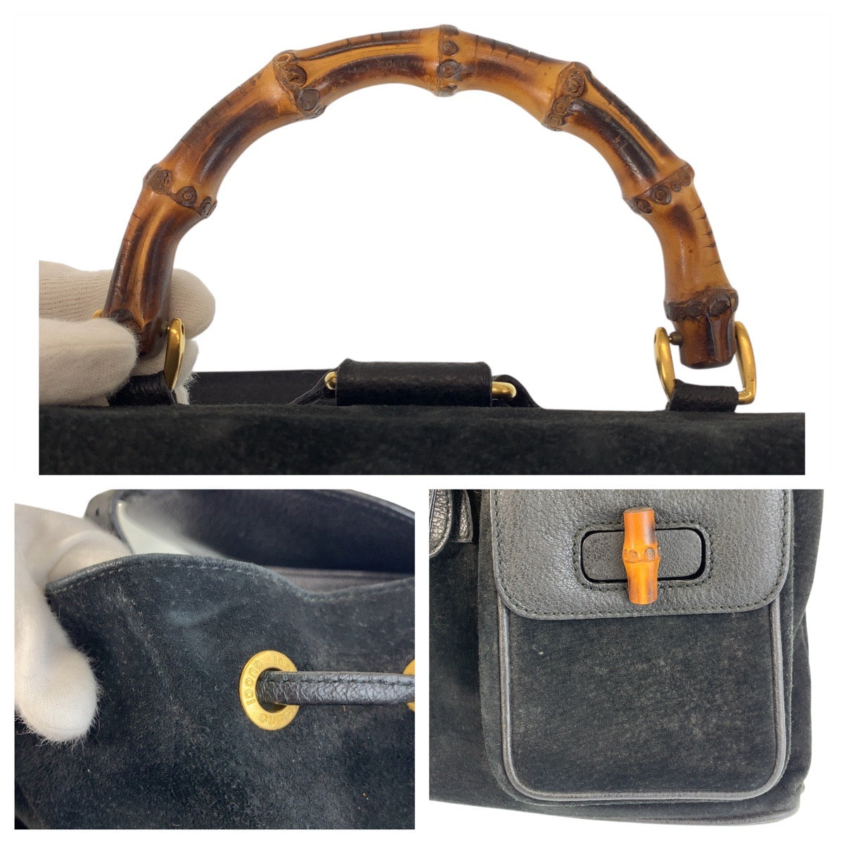 GUCCI Backpack 003 2058 0016 Suede, Leather Black GoldMetal Backpack Backpack Bamboo Women Used Authentic