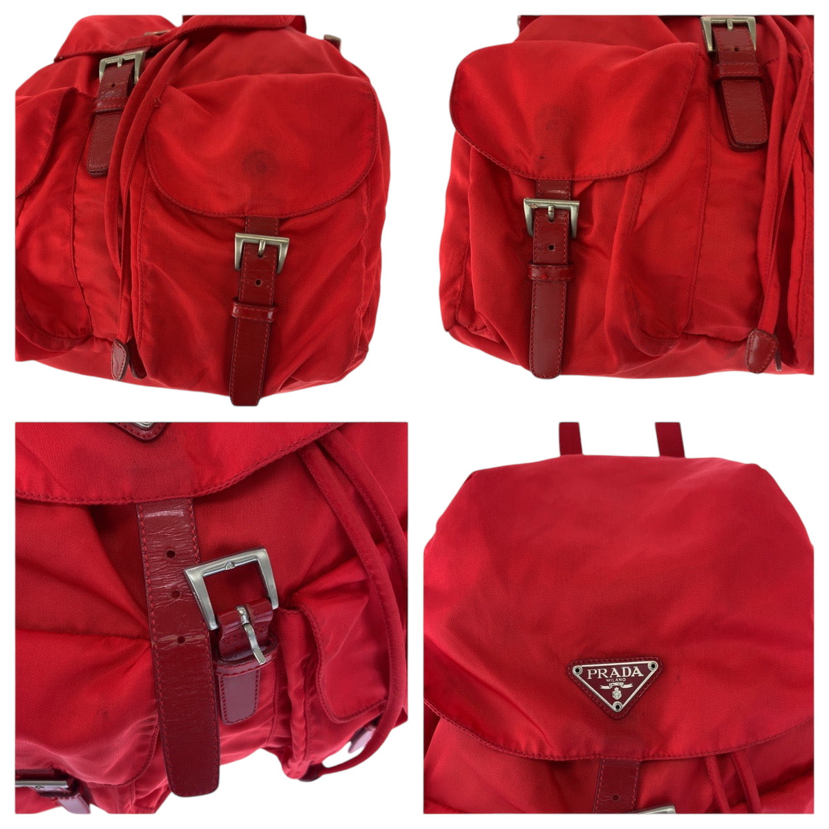 PRADA Backpack Nylon Red Silver Metal Backpack Backpack Test Triangle With logo Women Used Authentic