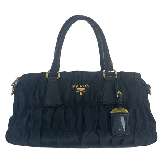 PRADA Shoulder Bag Nylon, Leather Black GoldMetal Shoulder Bag handbag Test Ruched Women Used Authentic