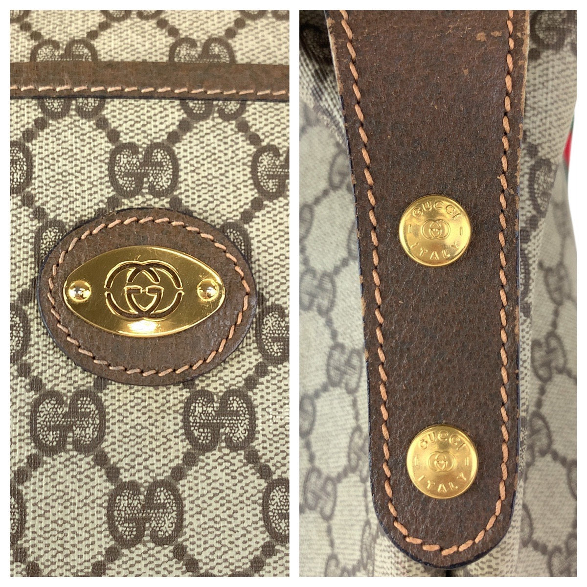 GUCCI Tote Bag 012 39 621 GG Supreme Canvas Beige Brown Gold Metal Sherry Line Old Gucci