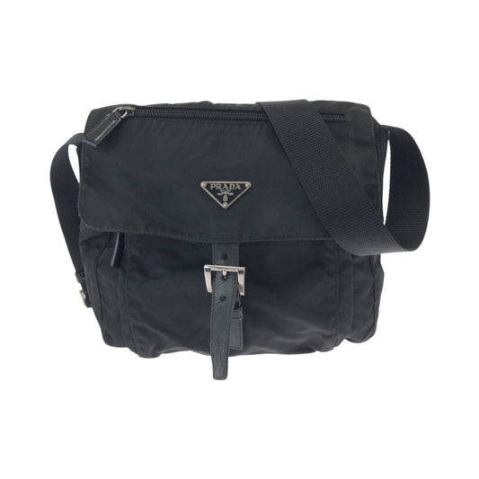 PRADA Shoulder Bag Nylon Black SilverMetal Shoulder Bag pochette Test Triangle With logo Women Used Authentic