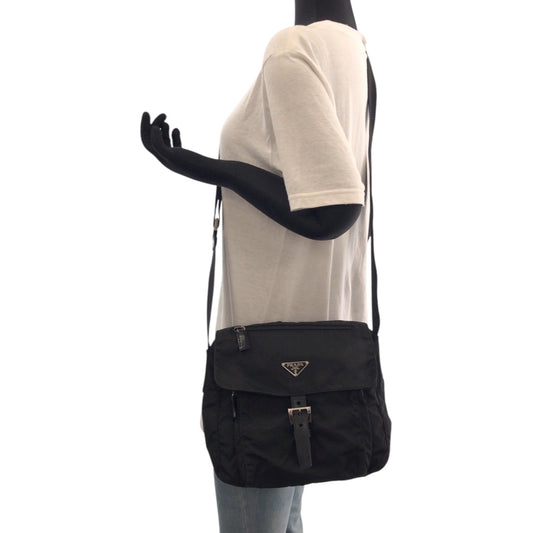 PRADA Shoulder Bag Nylon Black SilverMetal Shoulder Bag pochette Test Triangle With logo Women Used Authentic
