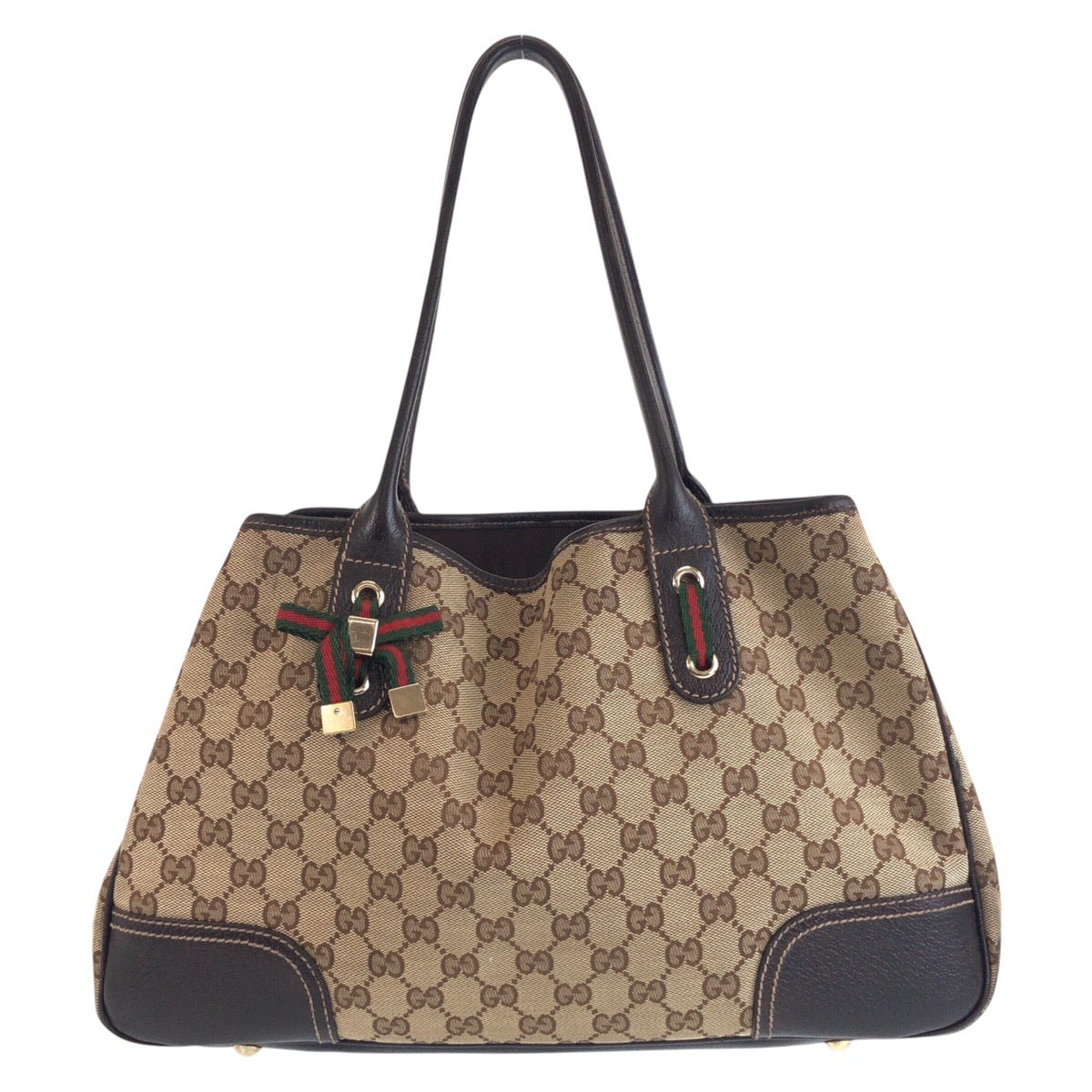 GUCCI Tote Bag GG canvas, leather Beige Brown Gold Metal Tote Bag Shoulder Bag Sherry line Women Used Authentic