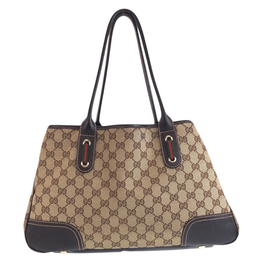 GUCCI Tote Bag GG canvas, leather Beige Brown Gold Metal Tote Bag Shoulder Bag Sherry line Women Used Authentic