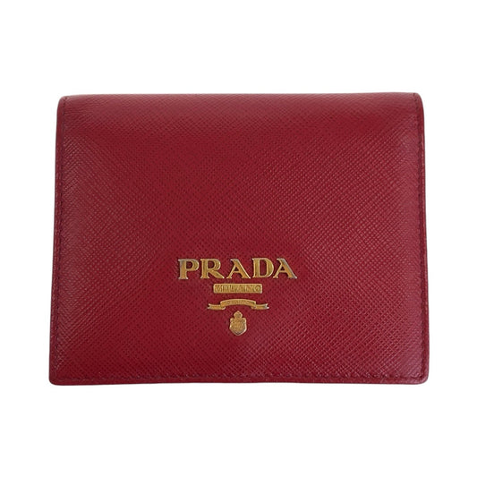 PRADA Bifold Wallet leather Red Gold Metal Folding wallet Compact wallet Safiano Women Used Authentic