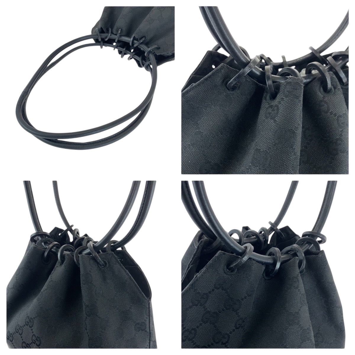 GUCCI Shoulder Bag 90644 GG canvas Black Black Metal Drawstring Shoulder Bag Handbag Women Used Authentic