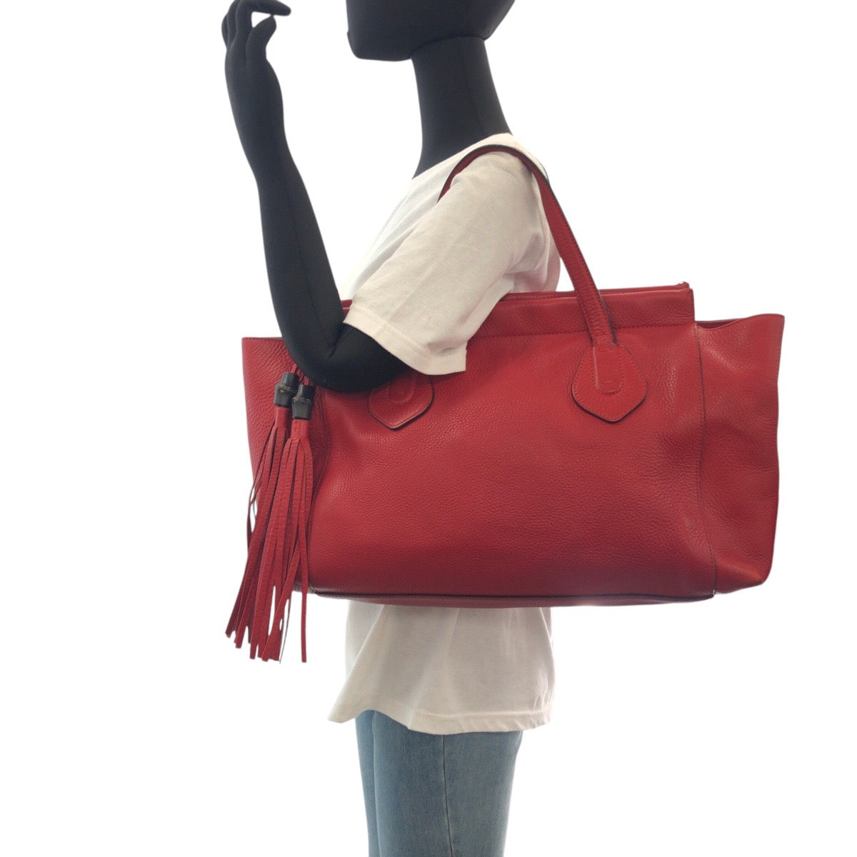 GUCCI Tote Bag 354469 leather Red Gold Metal Tote Bag Shoulder Bag Bamboo Women Used Authentic
