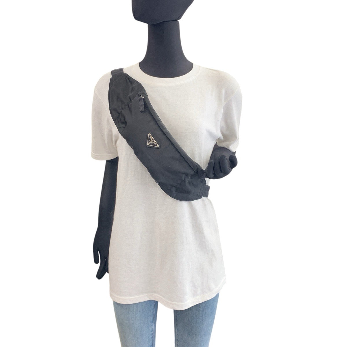 PRADA Sling bag Nylon Black SilverMetal Sling bag, waist bag, bum bag, unisex Test Triangle With logo mens Used Authentic