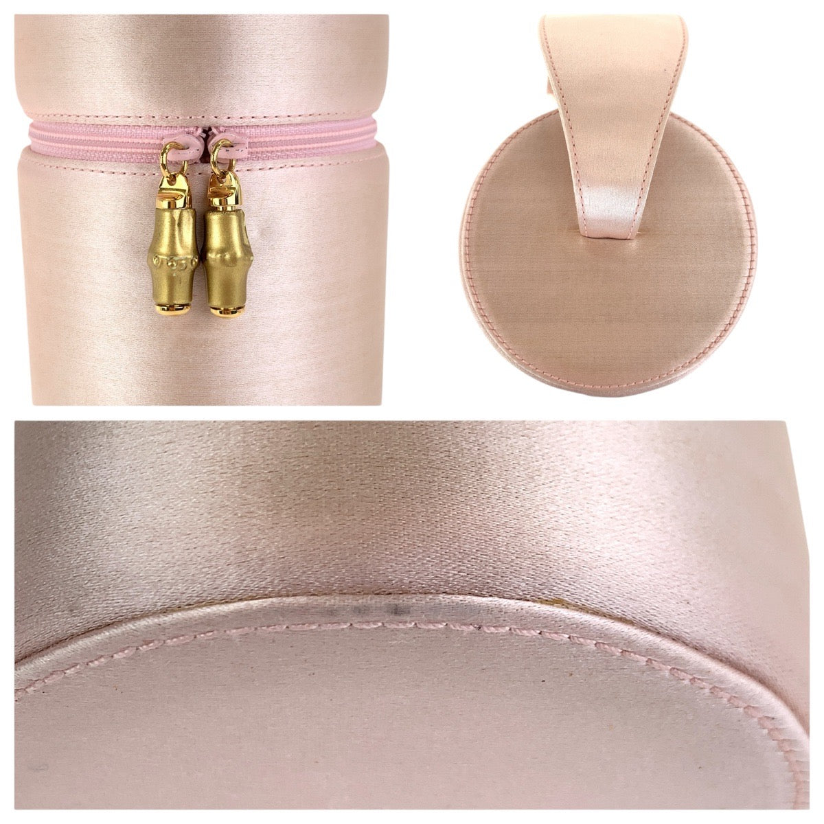 GUCCI Handbag Satin Pink Gold Metal Handbag vanity bag Bamboo Women Used Authentic