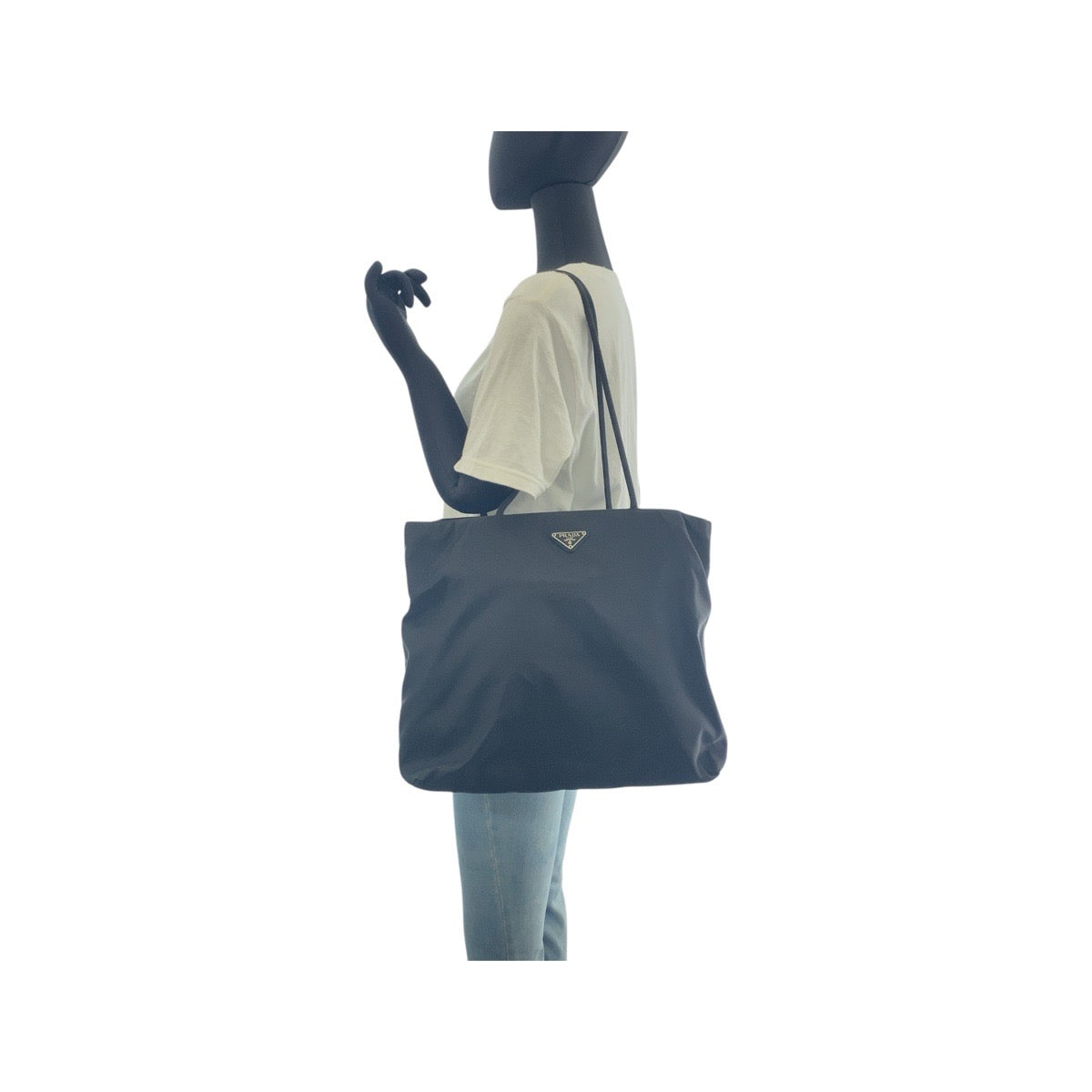 PRADA Tote Bag Nylon Black SilverMetal Tote Bag Shoulder Bag Test Triangle With logo Women Used Authentic